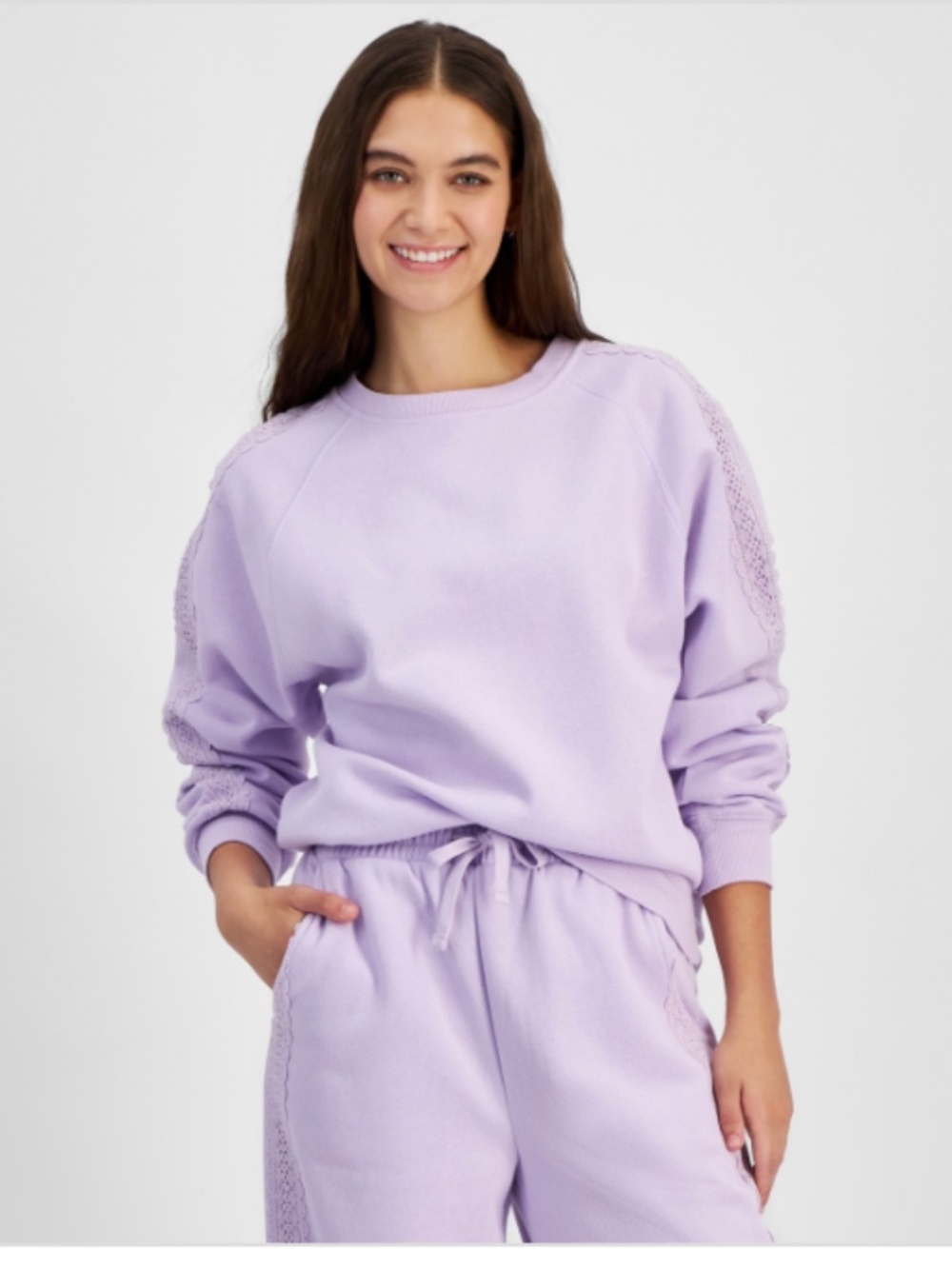 Planet Heart Juniors' Fleece Crochet-Trim Crewneck Sweatshirt Lavender SIZE M
